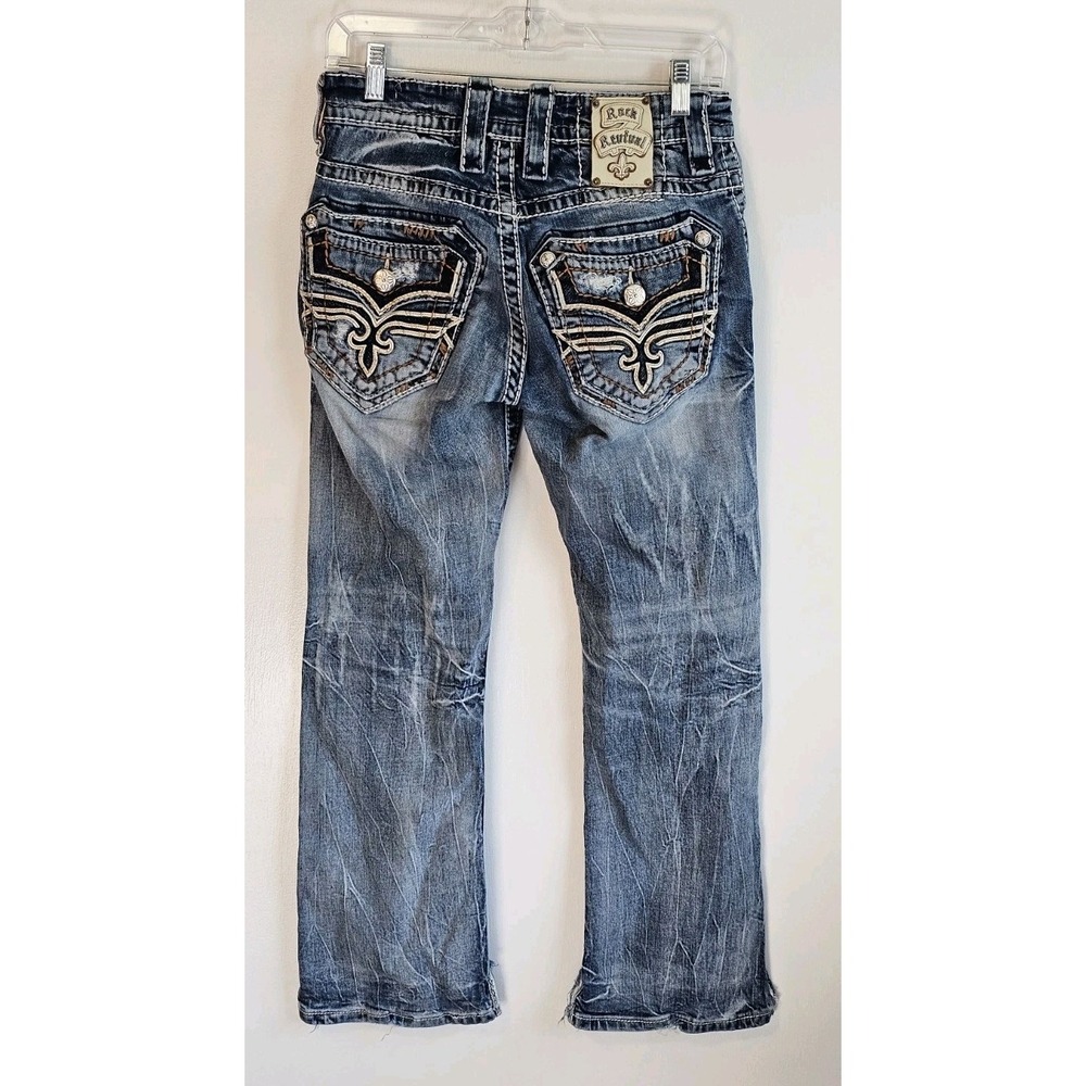Rock Revival Mens Leif Bootcut Denim Jeans Embroidered Distressed Thick 28W 28L